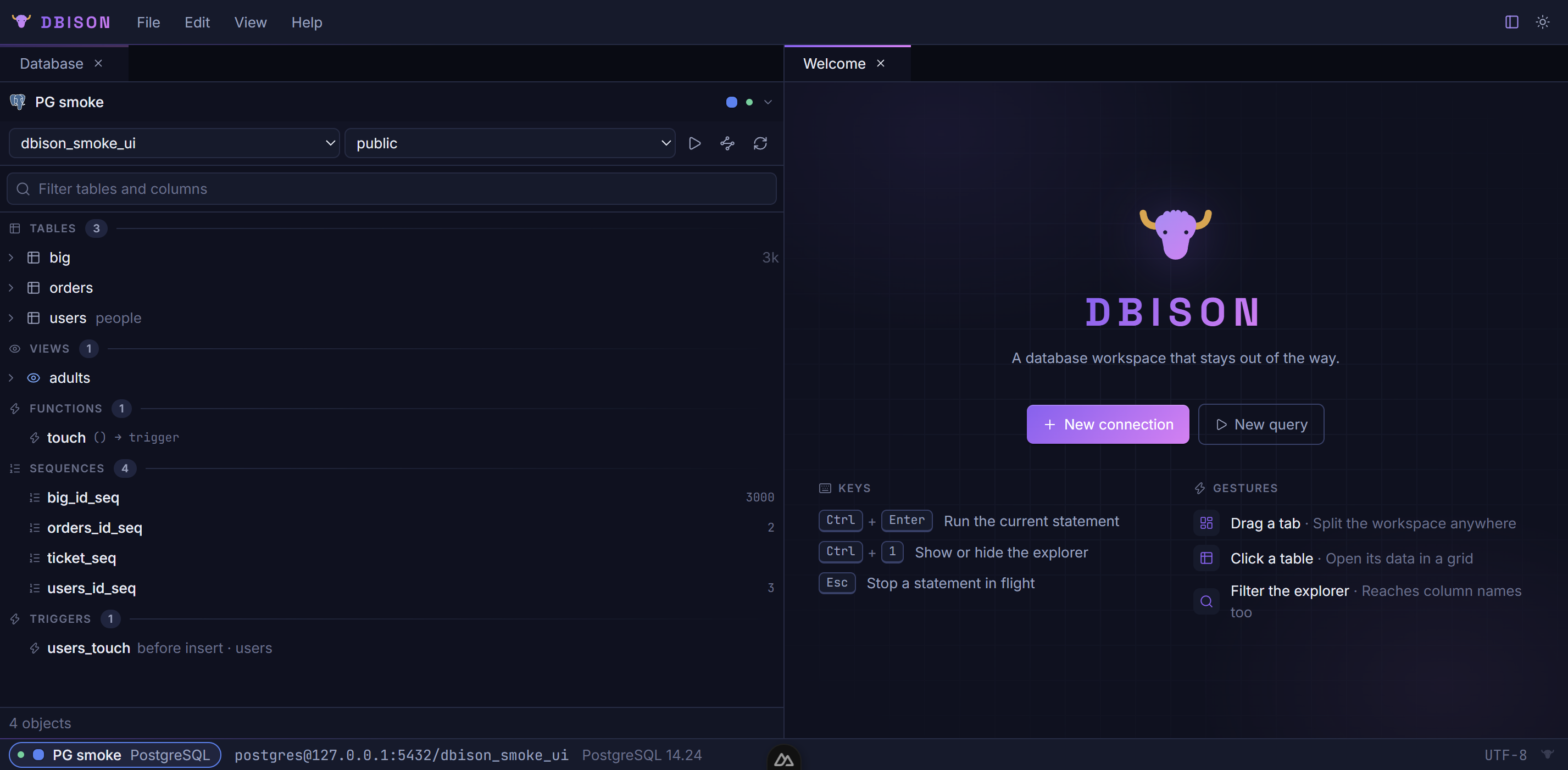 DBison showing a PostgreSQL connection: the explorer lists tables, views, functions, sequences and triggers beside the welcome tab